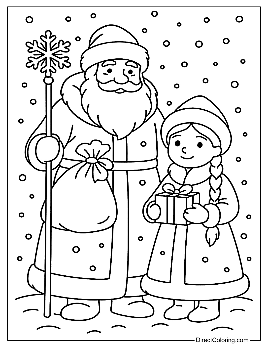 Coloring page of Russian Santa Claus and his granddaughter Snegurochka in the snow, bringing gifts.